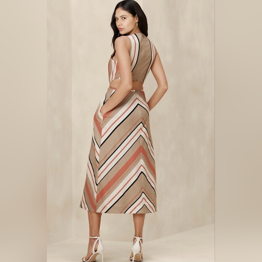 Banana Republic Chevron Midi Dress in Tan, White & Coral